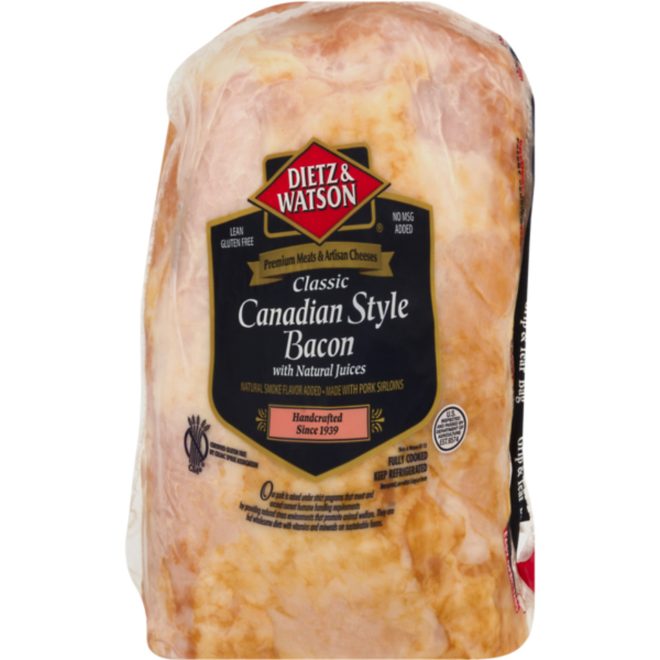 Dietz & Watson Bacon, with Natural Juices, Lean, Canadian Style, Classic, Gluten Free, Shrink Wrapped