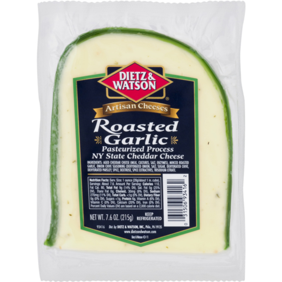 Cheese, NY State Cheddar, Roasted Garlic, Artisan, Pasteurized Process